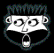 Two side-by-side pixelated cartoon faces with spiky hair, wide eyes, and open mouths holding a small object against black background.