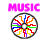A circular icon with a black border and colorful zigzag lines radiating from the center, surrounded by pink 'MUSIC' text in various orientations.