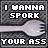 A 48x48 pixel animated buddy icon featuring a gray background with white text and a light purple fork, displayed as two sequential frames in a contact sheet showing the fork's motion.