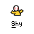 A 4x3 contact sheet of a pixelated animated icon showing a yellow stick figure with red-and-white striped head performing sequential arm movements across 12 frames, each labeled "Shy" below.