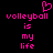 Pixelated pink text on black background reads "volleyball is my life" with a heart symbol above the first word.