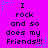 A static image with a bright purple background displays repeated text "I rock and so does my Friends!!!" in black pixelated font, surrounded by small blue and purple star-like shapes.