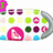 colorful circular icons with a pink triangular shape and gray curved elements, featuring animated text overlays