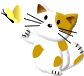 Pixelated white cat with orange patches and black whiskers holds a yellow butterfly, eyes closed in one frame.