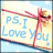 Pixelated image with light blue text reading "PS. I Love You!" on a beige background, featuring a red cross and brown branch-like elements.