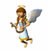 Pixelated angel with brown hair, white wings, and a halo plays a stringed instrument while in mid-flight.