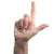 A static image shows a light-skinned hand making an index finger gesture against a white background.