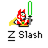 A 3x3 contact sheet of nine animated frames showing a red cartoon character with green eyes holding a glowing green lightsaber-like weapon in various positions against a gray background, each frame labeled "Z Slash" below the character.