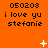 Orange background with repeated black text '050208 i love yu stefanie' and white pixelated symbols including plus signs and X marks.