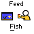 four and four shows a sequence where a yellow hand holds a red container near a blue fish tank with white stars, while the tank's content changes from one black fish to two red dots