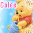 Pixelated Winnie the Pooh holding a blue honey pot with yellow honey dripping, standing against light blue background with white cloud shapes.