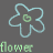 Pixelated light blue flower outline with green center and 'flower' text below on dark gray background.