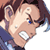 Pixelated anime-style character face with dark hair, blue eyes, and a wide open mouth showing teeth in an expressive pose against a white background.
