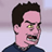 Pixelated cartoon-style head and shoulders of a person with dark hair, pink skin, yellow eyes, open mouth showing teeth, wearing dark blue clothing against light gray background.