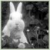A pixelated grayscale image shows a white rabbit-like figure against a dark background with scattered light patches.