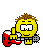 Yellow cartoon character with brown hair holding red and white guitar, displaying multiple facial expressions including neutral, smiling, winking, and open-mouthed joy against gray background.