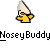 Pixelated static buddy icon featuring a yellow stick figure with black outlines and glasses, wearing a pointed white hat against a gray background, with "NoseyBuddy" text below.