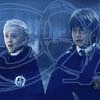 Two figures in blue uniforms with white collars stand against a blue background, one figure's face is partially visible on the right.