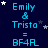 Blue text on dark blue background with white stars; repeated 'Emily & Trista = BF4FL' lines and animated star positions.