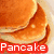 Six display stacked golden-brown pancakes with the word "Pancake" in different colored text overlays