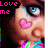 A pixelated close-up of a person's face with pink heart-shaped cheeks, blue eyes, and colorful checkered clothing.