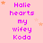 Pink background with repeated text 'Halie hearts my wifey Koda' in purple, scattered orange stars.