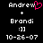 Two side-by-side pixelated text displays with identical white text on black background, one featuring a pink heart symbol replacing the 'w' in Andrew.