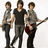 Three figures in casual clothing stand against a white background; one holds a red electric guitar, another wears a gray vest over a black shirt.