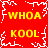 Red background with white pixelated border and central snowflake, yellow text 'WHOA' and 'KOOL' arranged in four quadrants.