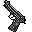 Two pixelated gun icons side-by-side on gray background; left gun is static, right gun has yellow muzzle flash and small yellow square nearby.