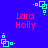 Blue background with repeating red text 'Lara Holly' and cyan square-based geometric patterns.