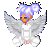 Pixelated animated buddy icon showing a character with orange face, white dress, and large gray wings in two poses against gray background.