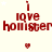 Red pixelated text 'i love holister' with small red hearts on a light background, animated with heart and text position changes.