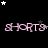 Black background with repeated pink 'shorts' text and scattered white/grey stars, one grey rectangle in bottom-right corner.