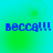 Four identical display blue pixelated text 'Becca!!!' on a green-to-cyan gradient background with faint circular patterns