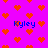 Pixelated icon with bright pink background, orange hearts scattered throughout, and blue text reading "Kyle" in four locations.