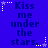 Blue background with repeated text "Kiss me under the stars." in dark blue, surrounded by white and light purple star-shaped pixel decorations.