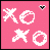 Pink background with white X and O symbols, a small black-and-white heart in the top-right corner; animation changes one X to an O.
