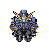 Pixelated mecha with blue armor, green eyes, and orange-yellow antennae; circular white-and-orange glow on left side of base.