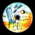 Circular pixelated icon with gradient colors transitioning from blue to yellow-orange, featuring abstract shapes and a central dark circular void.