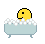 Pixelated yellow circular head with black outline and single square eye in light blue bathtub filled with white bubbles.