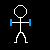 Pixelated stick figure in blue and white poses against black background, transitioning through multiple arm positions with one hand holding a small rectangular object.
