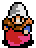 Pixel art character with gray and white helmet, brown beard, blue sleeves, red top transitioning to pink at bottom.