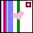 A pixel animated icon with vertical stripes, pink hearts on a green stem, and changing purple squares containing yellow crosses