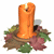 Animated candle icon with orange wax, flickering flame, and green-brown foliage base, showing flame flicker across frames.