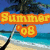 Pixelated beach scene with palm trees and ocean waves, overlaid by large orange text reading 'Summer '08' on left side.