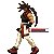 Pixel art character in beige pants and dark top with red accents, holding a long red-and-white object across the body while walking left to right.