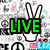 Pixelated image with repeated bunny ears and peace signs, featuring bold text blocks reading LIVE, LOVE, PEACE, FRIENDSHIP in green, red, blue, yellow.