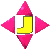 Animated sequence of a yellow boot-shaped icon surrounded by pink triangles on gray background, showing progressive reduction in surrounding triangle count and size.