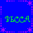 Blue background with pink dotted borders and star shapes, featuring four green pixelated text blocks arranged in a pattern